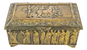 Early 19th Century Antique Greek Revival Brass Jewelry Box, Velvet Lined With Classical Relief Panels