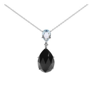 18K White Gold Diamond Accent and Pear Cut Sky Blue Topaz and Pear Cut Black Onyx Dangle Drop 18" Pendant Necklace (G-H Color, SI1-SI2 Clarity) For Sale