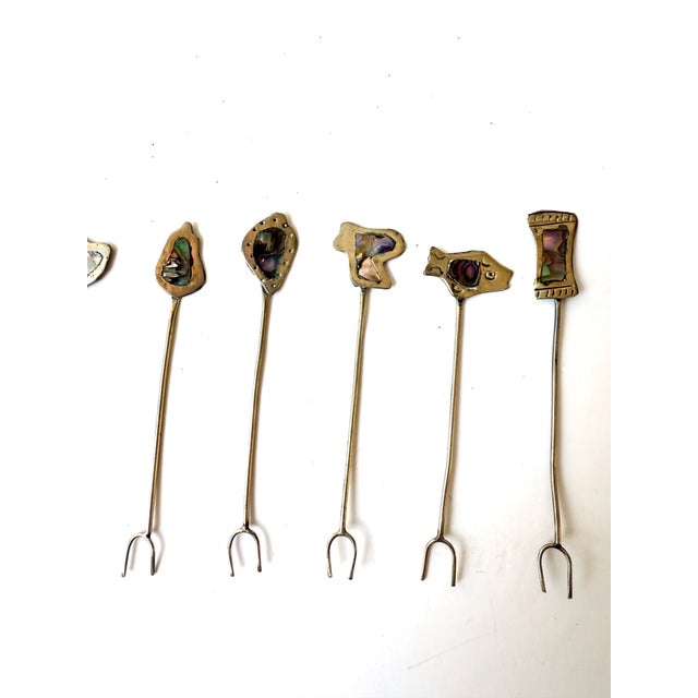 Mexican Vintage Handmade Mexican Silver & Abalone Hors D’Oeuvre Picks – Set of 12 For Sale - Image 3 of 7