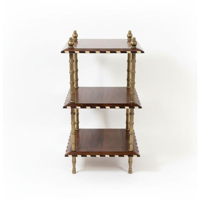 Small Wooden and Bone Three Tier Side Table with Brass Leg Length: 15" Width: 15" Height: 28"
