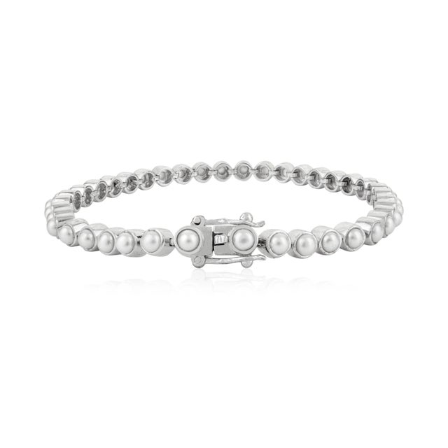 Art Deco Silver Round Cut Bezel Set Pearl Gemstone Bracelet for Her For Sale - Image 3 of 10