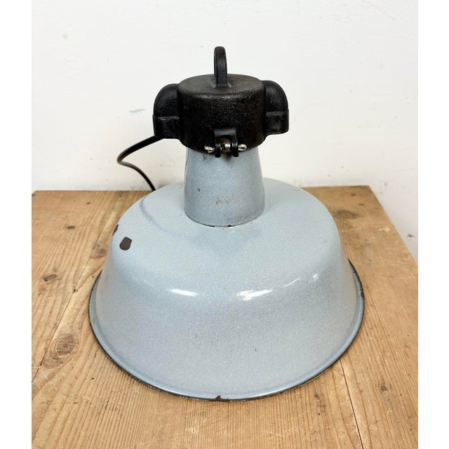 Industrial Grey Enamel Factory Lamp with Cast Iron Top, 1960s For Sale - Image 12 of 14