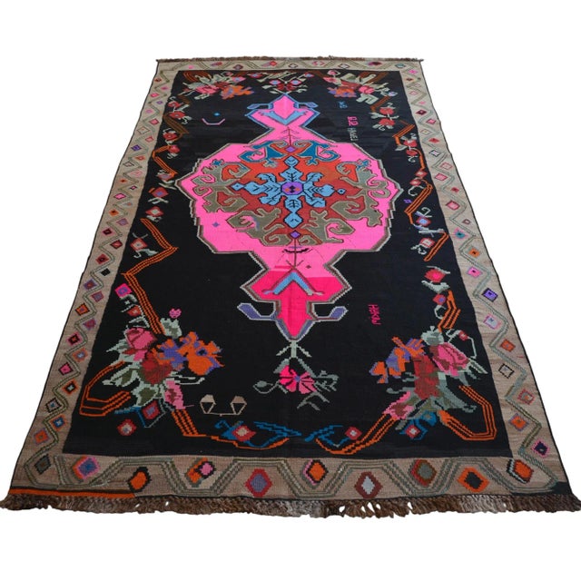 Textile Handwoven Turkish Kilim Rug Anatolian Tribal Pink Rug - 6′5″ X 12′10″ For Sale - Image 7 of 12
