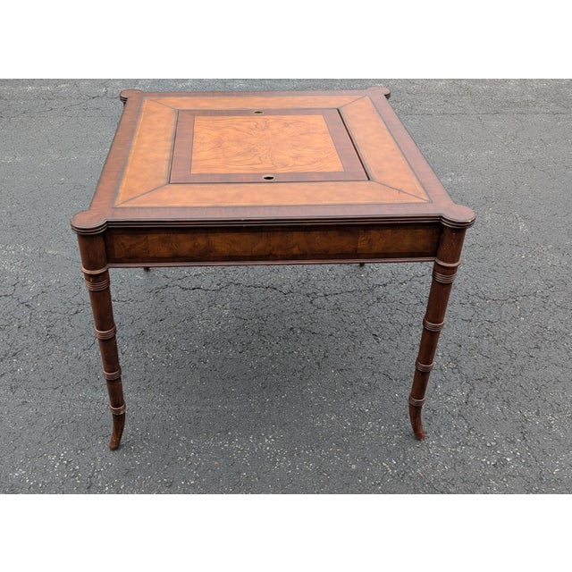 Mid 20th Century Ethan Allen Hollywood Regency Inlaid Leather Game Table With Cane-Cut Legs For Sale In Washington DC - Image 6 of 14