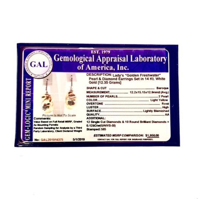 2010s Diamond Baroque Fresh Water Yellow Pearl Earrings 14k Gold Certified For Sale - Image 5 of 9
