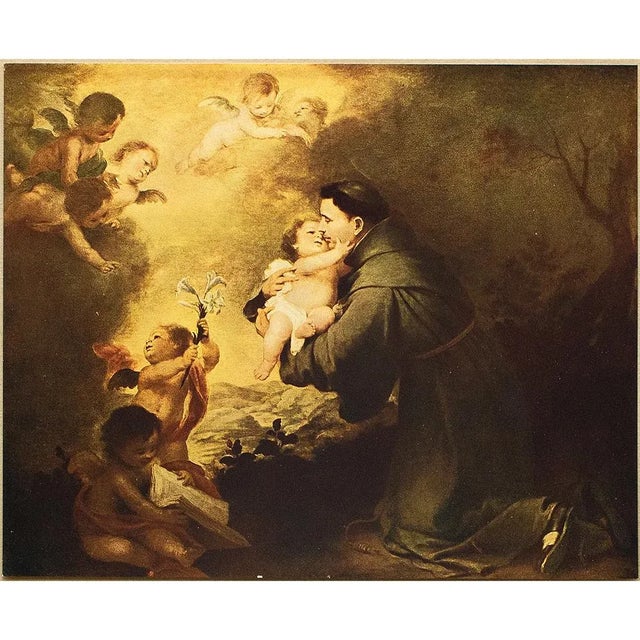 An excellent antique reproduction print in full color of painting "The Vision of Saint Anthony of Padua" by Spanish...