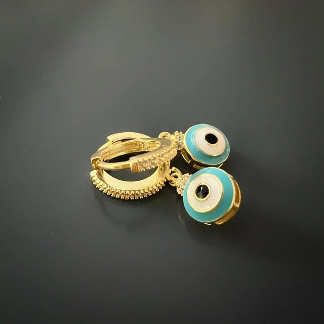 Metal Turquoise Enamel Diamond Hoop Evil Eye Earrings, A Pair For Sale - Image 7 of 9