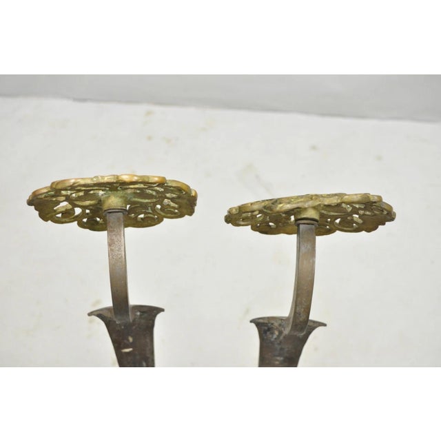 Antique French Art Nouveau Hand Hammered Wrought Iron & Bronze Andirons - A Pair For Sale - Image 12 of 15