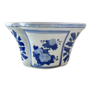 80s Chinese Asian Porcelain Blue and White Planter Vase Chinoiserie