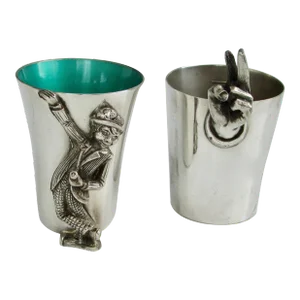 Mid 20th Century One Reed Barton Enameled One Napier Whimsical Silver Plate Shot Glasses Set