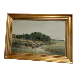 Barbizon W/C Landscape Painting With Herd of Sheep in Pasture Signed LL.Framed