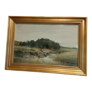Barbizon W/C Pastoral Landscape Painting With Herd of Sheep in Pasture Signed LL.Framed For Sale