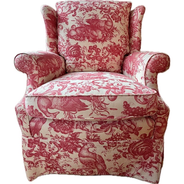 English Custom Wingback Chair in Red Raspberry and Cream in Heritage Toile by Brunschwig & Fils For Sale - Image 3 of 17