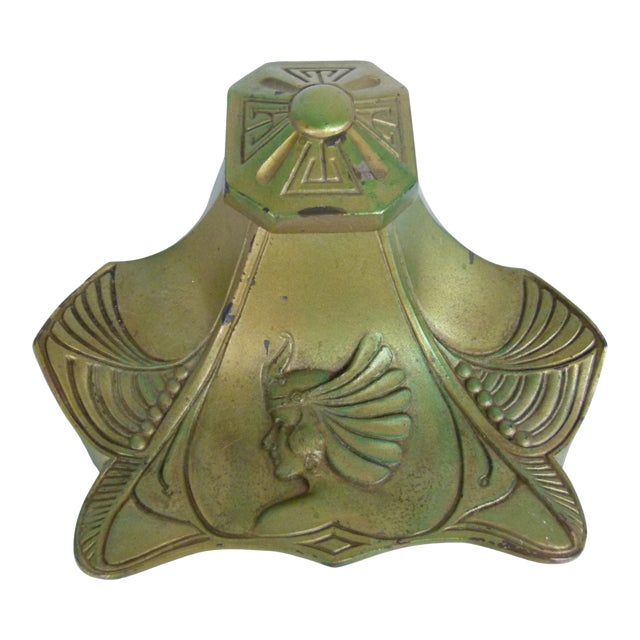 Antique Art Nouveau Brass Inkwell With Original Glass Liner . Jugendstil Desktop Decor . Early 1900s Goddess Motif For Sale