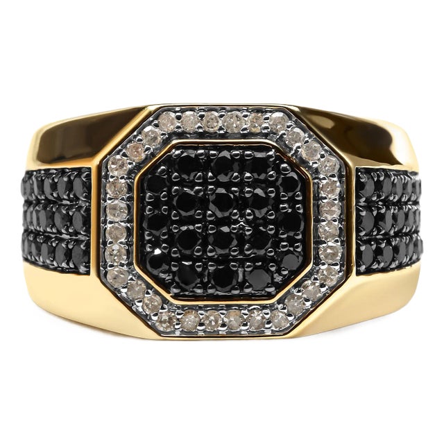 Men's 10K Yellow Gold 1 1/4 Cttw White and Treated Black Diamond Octagonal Halo Band Ring (I-J Color, I2-I3 Clarity) - Ring Size 10 For Sale