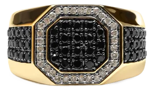 Men's 10K Yellow Gold 1 1/4 Cttw White and Treated Black Diamond Octagonal Halo Band Ring (I-J Color, I2-I3 Clarity) - Ring Size 10