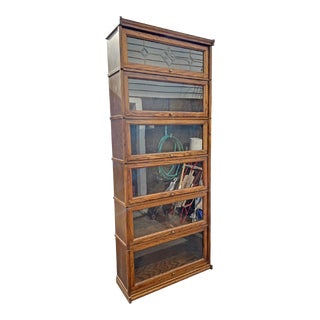 Vintage Oak and Glass Barrister Style Bookcase Shelving 6 Stack. One Piece Unit For Sale