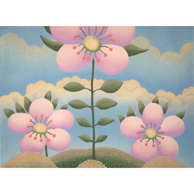 Folk Art Pink Flowers - Limited Edition Naive Serigraph by Ivan Rabuzin For Sale - Image 3 of 11