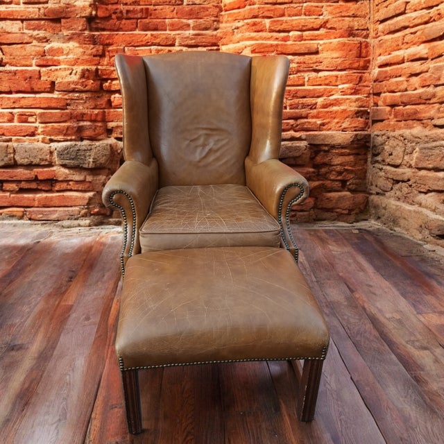 Wingback Leather Armchair and Matching Ottoman by Classic Leather. For Sale - Image 9 of 12
