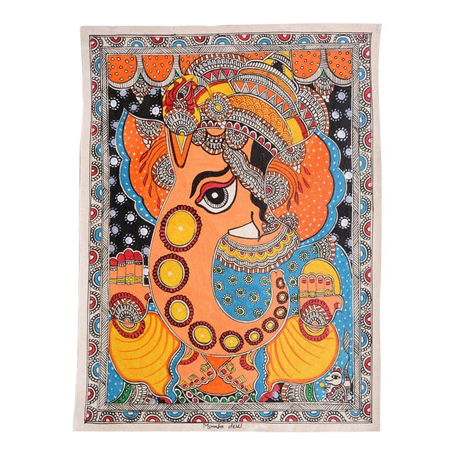 Mamta Devi, 2016 National Award-Winning Artist – Hand-Painted Madhubani Lord Ganesha Folk Painting on Canvas For Sale