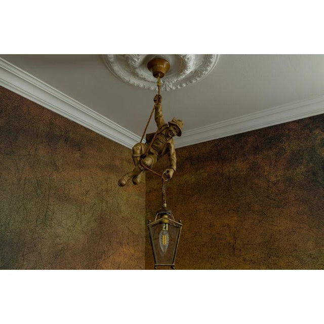 German Carved Linden Wood Mountaineer with Brass Lantern, 1950s For Sale - Image 9 of 18