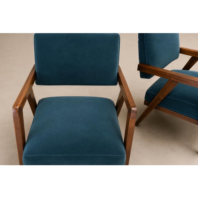Brazilian Modern Armchairs in Imbuia Wood and Deep Petrol-Blue Mohair, Brazil, 1950s For Sale - Image 9 of 18
