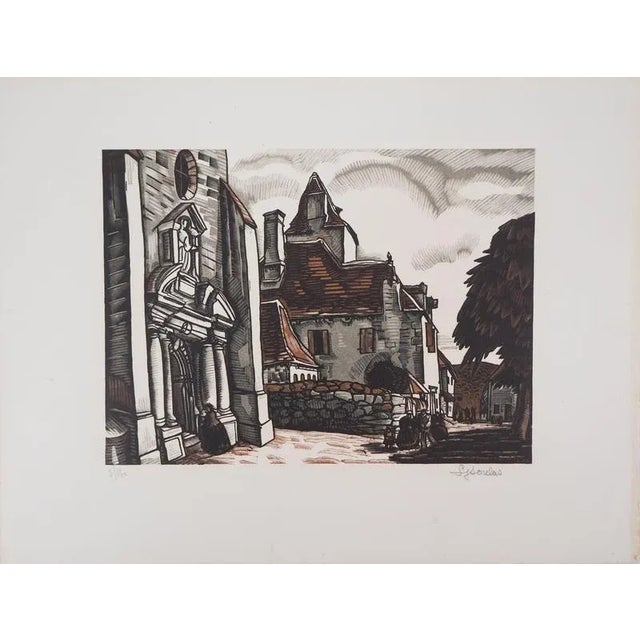 Modern Louis Soulas, Dordogne, The Place at Domme, 1928, Original Signed Woodcut For Sale - Image 3 of 6