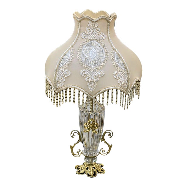 French Crystal Beige Table Lamp – Ornate Gold Leaf Base For Sale