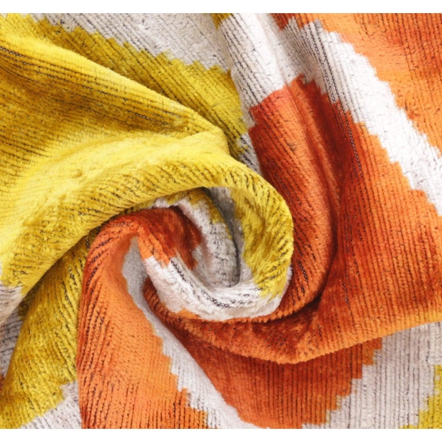 Handmade Fall Silk Velvet Throw Pillow, Orange and Yellow Geometric Design With Down Feather Insert For Sale - Image 4 of 6