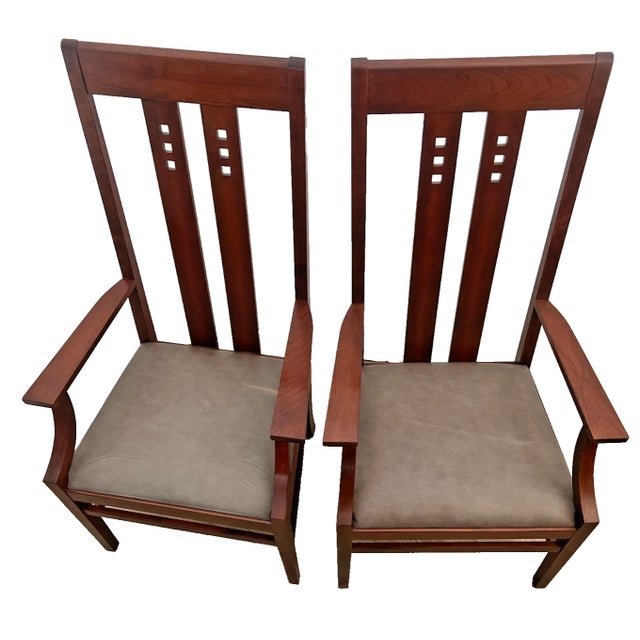 Gorgeous Stickley Armchairs Mission Style, Solid Cherry Frame, Leather Seat, set of Two mortis and tenon joints, #34...