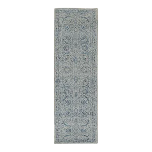 Hand Loomed Gray Fine Jacquard With Sickle Leaf Design Wool and Plant Based Silk Oriental Runner Rug