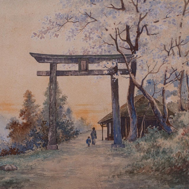 Vintage Torii Gate Landscape Painting, Japanese School, Watercolour, Art, c.1960 For Sale - Image 6 of 11