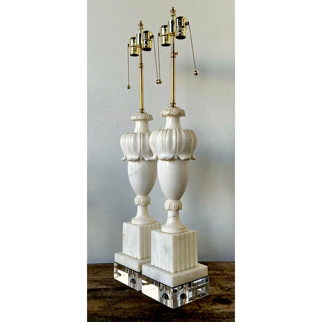 Metal Vintage Carved Marble Lamps - A Pair For Sale - Image 7 of 12