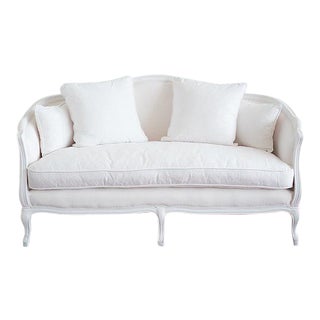 French Louis XV Oak and Linen Settee For Sale