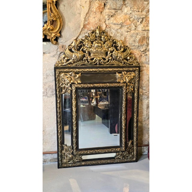 Louis XIV Style Mirror with Blackened Wood and Repoussé Gilt Metal Panels, 1870s For Sale - Image 3 of 12
