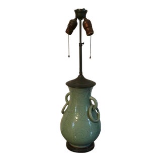 Antique 19th Century Chinese Celadon Porcelain Vase With Ring Handles Mounted as a Table Lamp For Sale