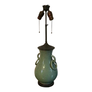Antique 19th Century Chinese Celadon Porcelain Vase With Ring Handles Mounted as a Table Lamp