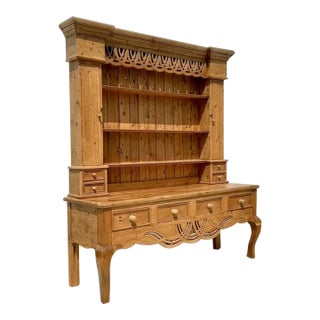 Vintage Boho Knotty Pine Carved Hutch For Sale