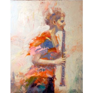 Clarinet Player by Chris Hopkins | Oil Painting of a woman playing a clarinet For Sale