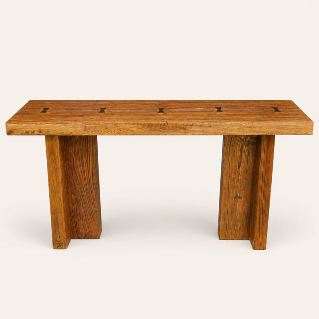 1970s Belgian Style 1970s Reclaimed Wood Console Table With Brass Butterfly Key Inlays For Sale - Image 5 of 8