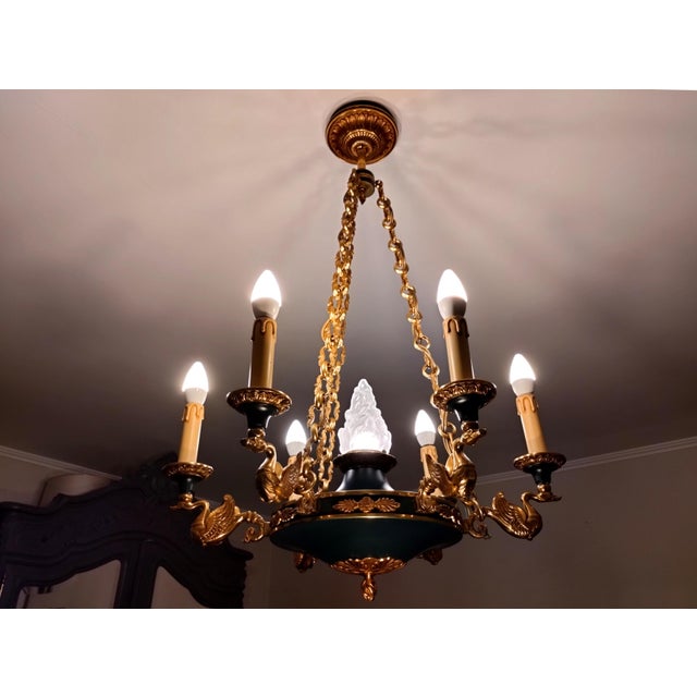 French Napoleon Empire Style Brass Chandelier with Swans and Green Glass Lampshades, 1970s For Sale - Image 13 of 18