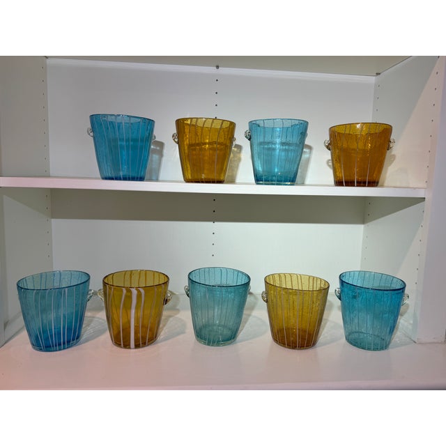 1970s 1970s Italian Venini for Disaronno Turquoise and Yellow Glass Ice Buckets -Set of 9 For Sale - Image 5 of 11