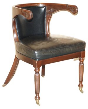 Antique Regency Black Leather Hardwood Horseshoe Office Desk Chair, 1815