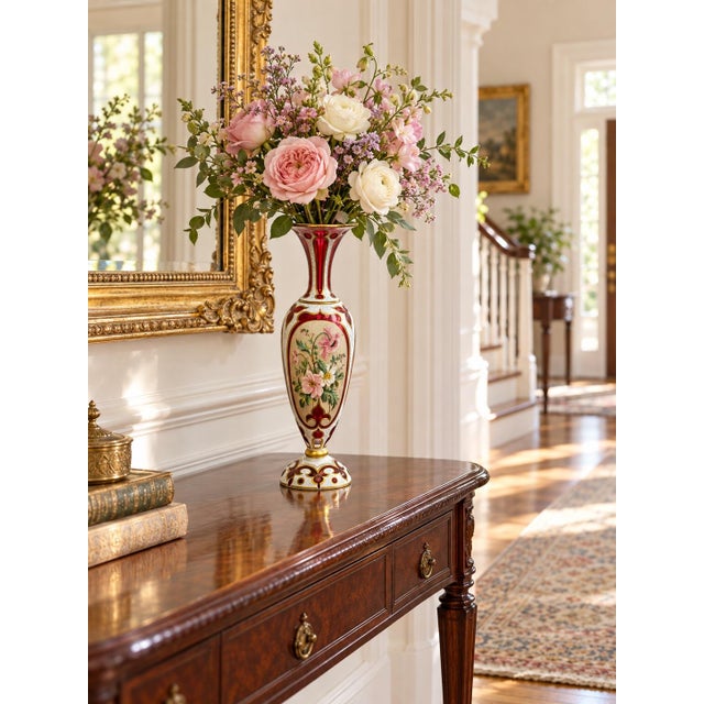 Antique Bohemian Cranberry Cut Glass Vase With Hand-Painted Enamel Flowers, Overlay, and Gilt. 12.75” Early 1900s Romantic Victorian For Sale - Image 12 of 12
