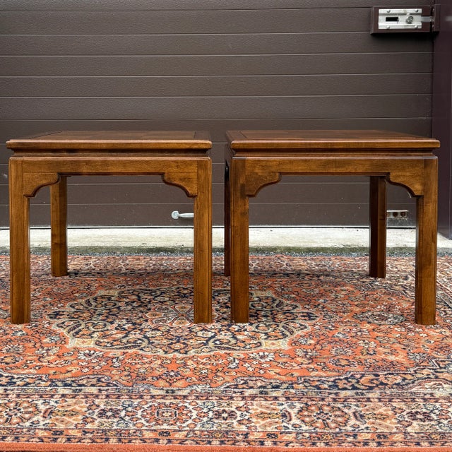 Wood 1980s Ethan Allen Classic Manor Chinese Chippendale Parquet Maple Square Side Tables - A Pair (15-8003) For Sale - Image 7 of 16