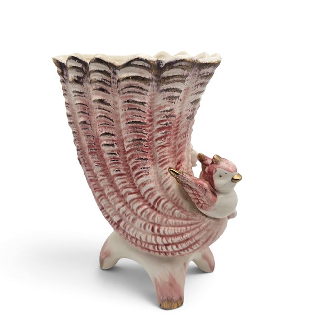 An enchanting vintage mid-century Japanese ceramic cornucopia (horn of plenty) vase finished in a soft blush pink glaze...