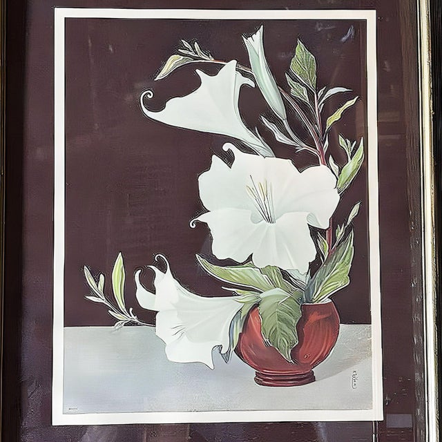 Mid-century era Ikebana arranged White Petunias floral scenic lithographic print by Lithoin featuring the beauty of...