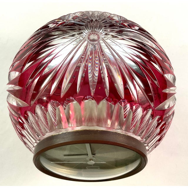 Mercedes-Benz, Orb Shaped Cranberry Glass, Cut to Clear, Desktop Clock For Sale - Image 4 of 8