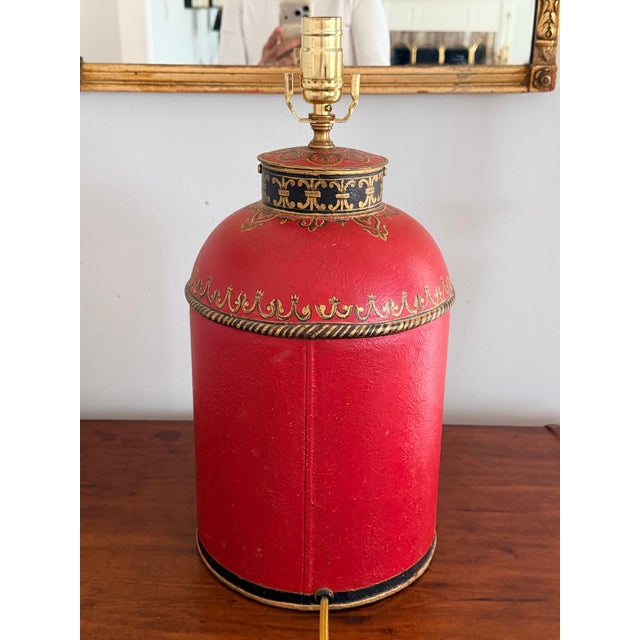 English Vintage English Tole Tea Canister Lamp For Sale - Image 3 of 11