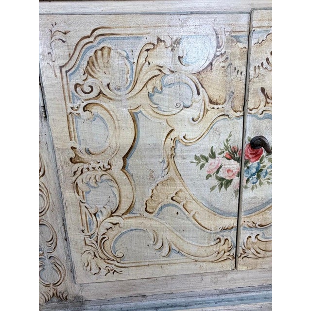 Italian Rococo Painted Serpentine Credenza With Floral Cartouches For Sale - Image 10 of 17